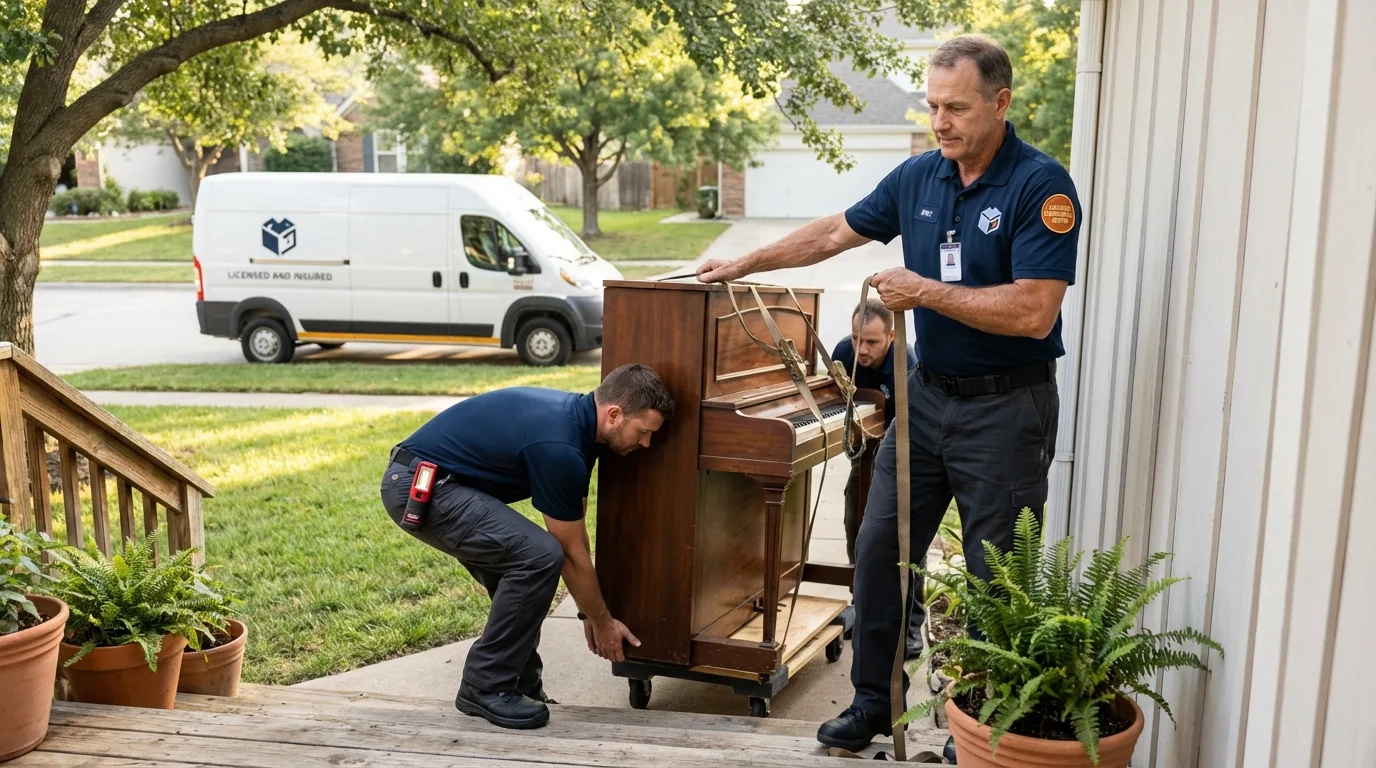 Licensed piano movers securing grand piano in Duncan, SC