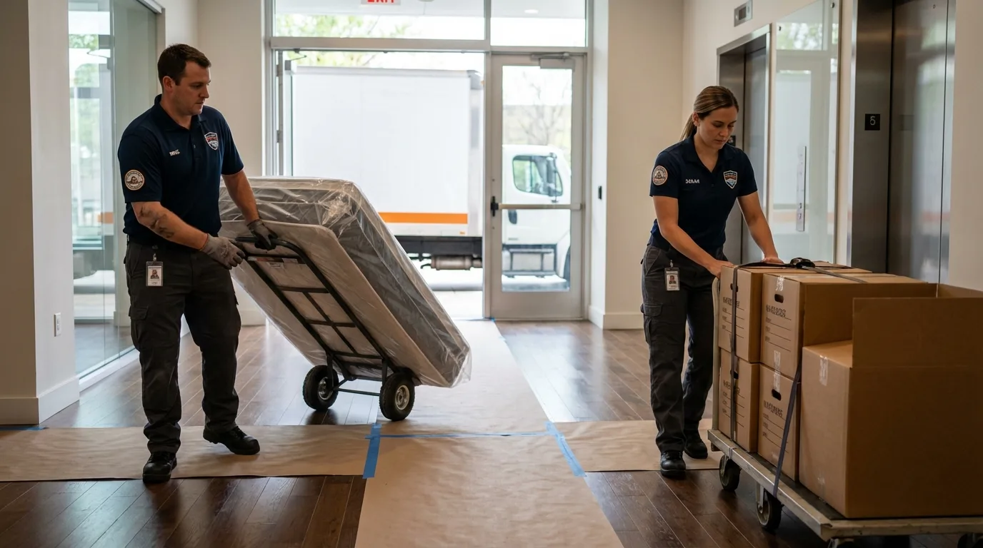 Professional apartment movers loading elevator in Duncan, SC